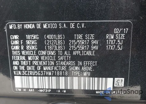 2017 Honda Hr-V Lx from USA, damaged, VIN 3CZRU5G37HM718818